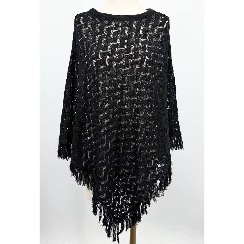 Say What Womens Black Crochet Knit Poncho One Size Tassel Boho Beachy Asymmetric